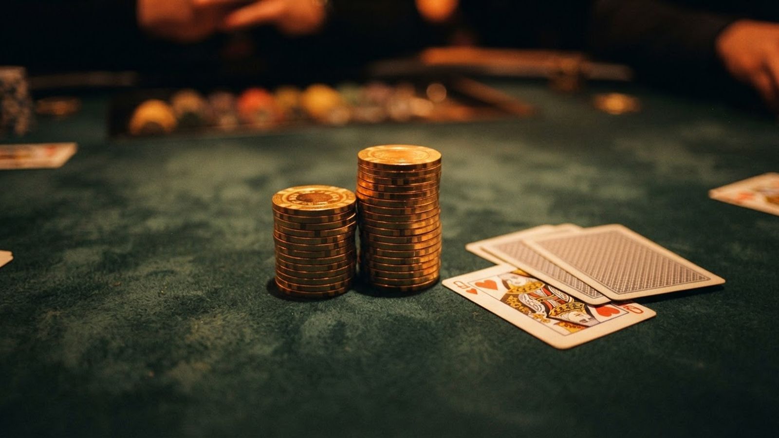 Jetons de casino et cartes sur tapis vert